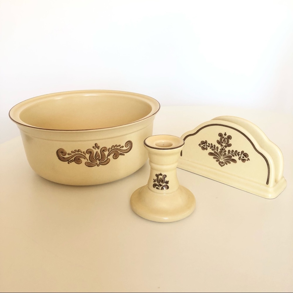 Pfaltzgraff Vintage Village Brown Beige Casserole Dish Napkin & Candle Holder